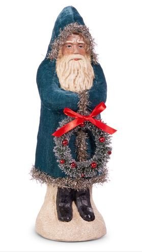 12" Royal Blue Velvet Santa with Wreath - Elegant Old World Christmas Figurine by RAZ Imports - Nifty Decor & More