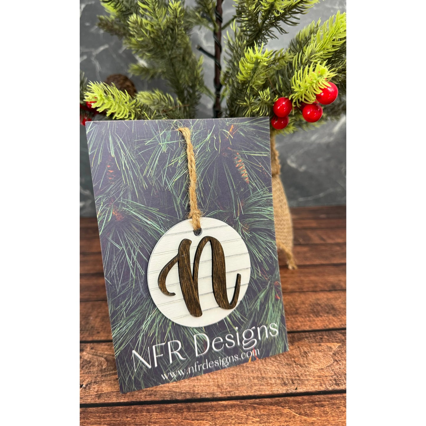 Shiplap Initial Christmas Ornament - Cursive Font Christmas Ornament N - Cursive Dark letter/White backing