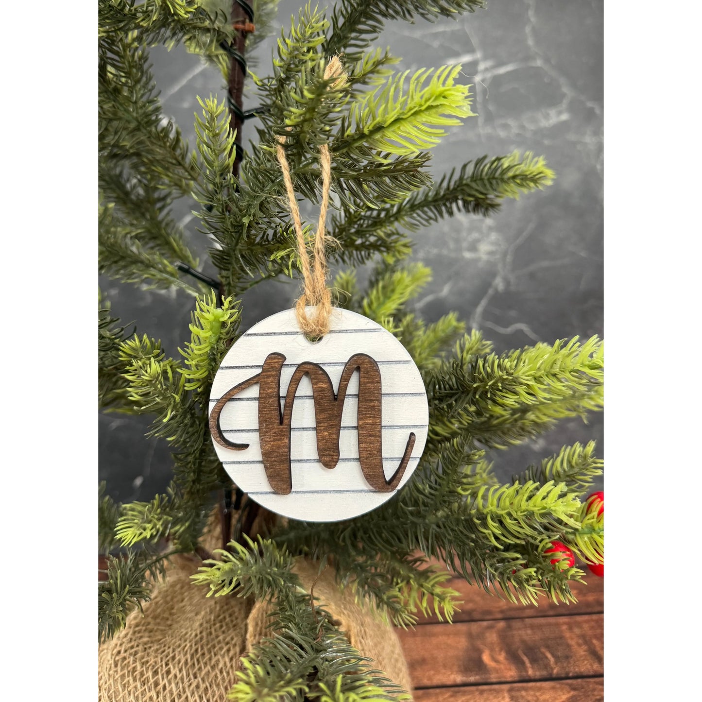 Shiplap Initial Christmas Ornament - Cursive Font Christmas Ornament M - Cursive Dark letter/White backing