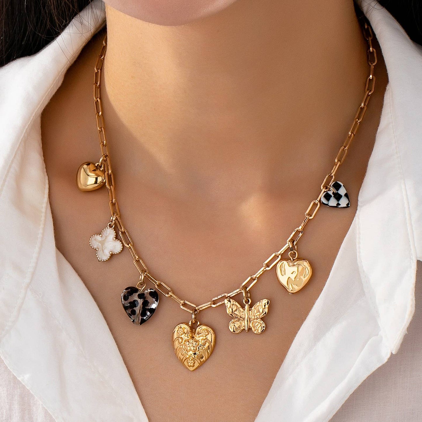 Hearts Checker Rhinestone Charm Necklace