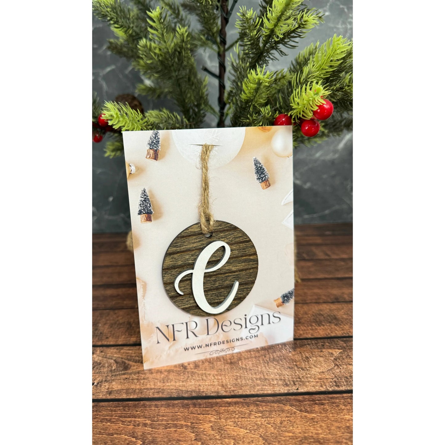 Shiplap Initial Christmas Ornament - Cursive Font Christmas Ornament C - Cursive White letter/Dark backing
