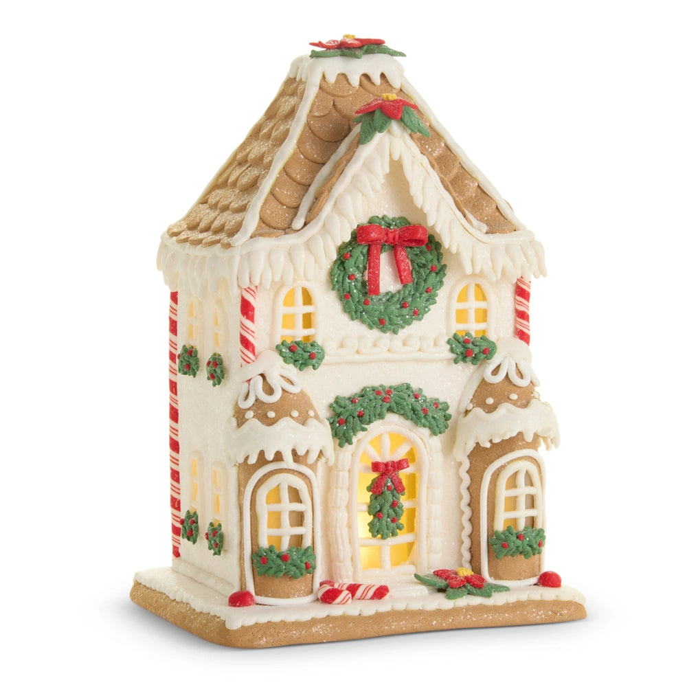 12" Lighted Poinsettia Gingerbread Manor