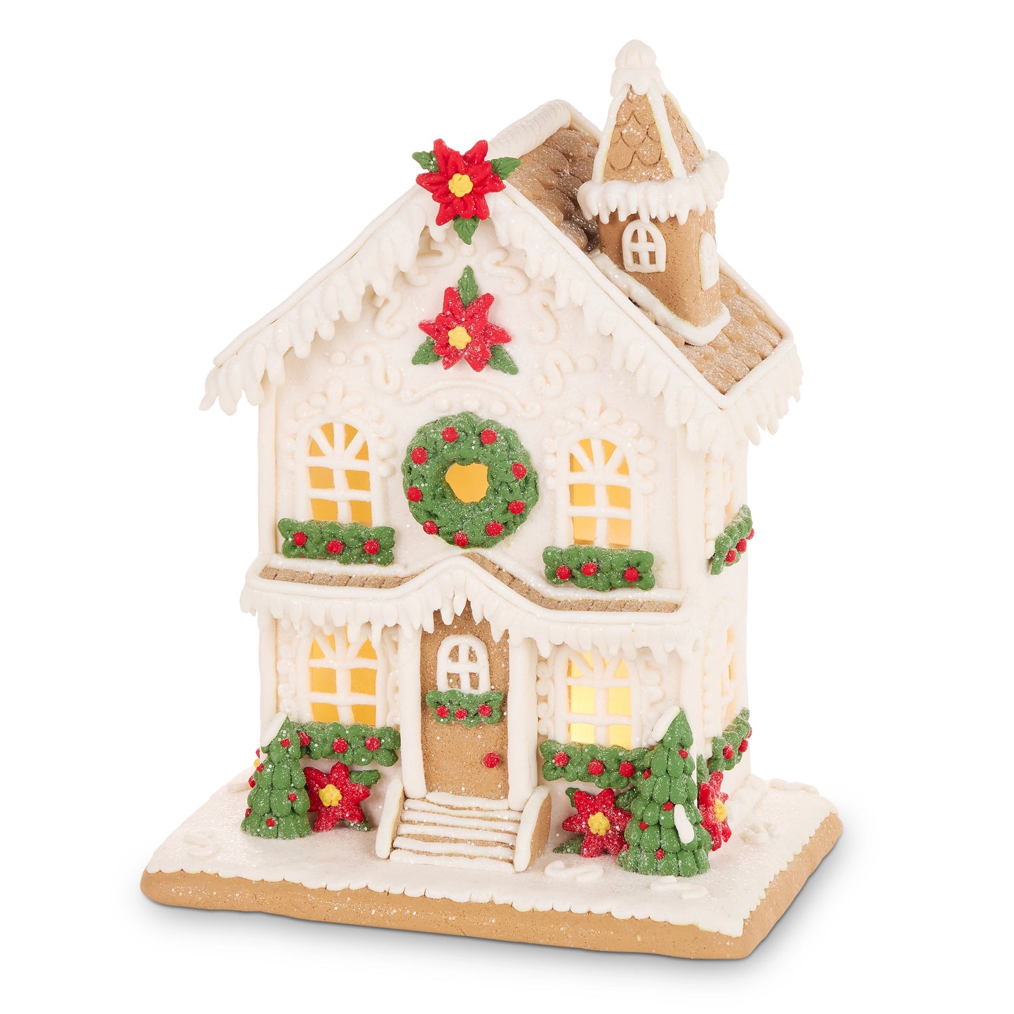 12.5" Lighted Poinsettia Gingerbread House