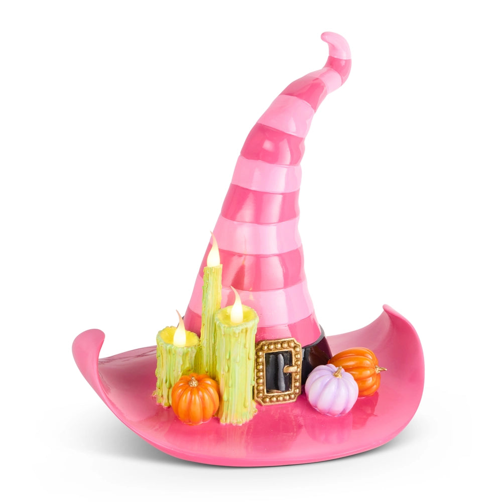 16" Lighted Pink Witch Hat with Candles