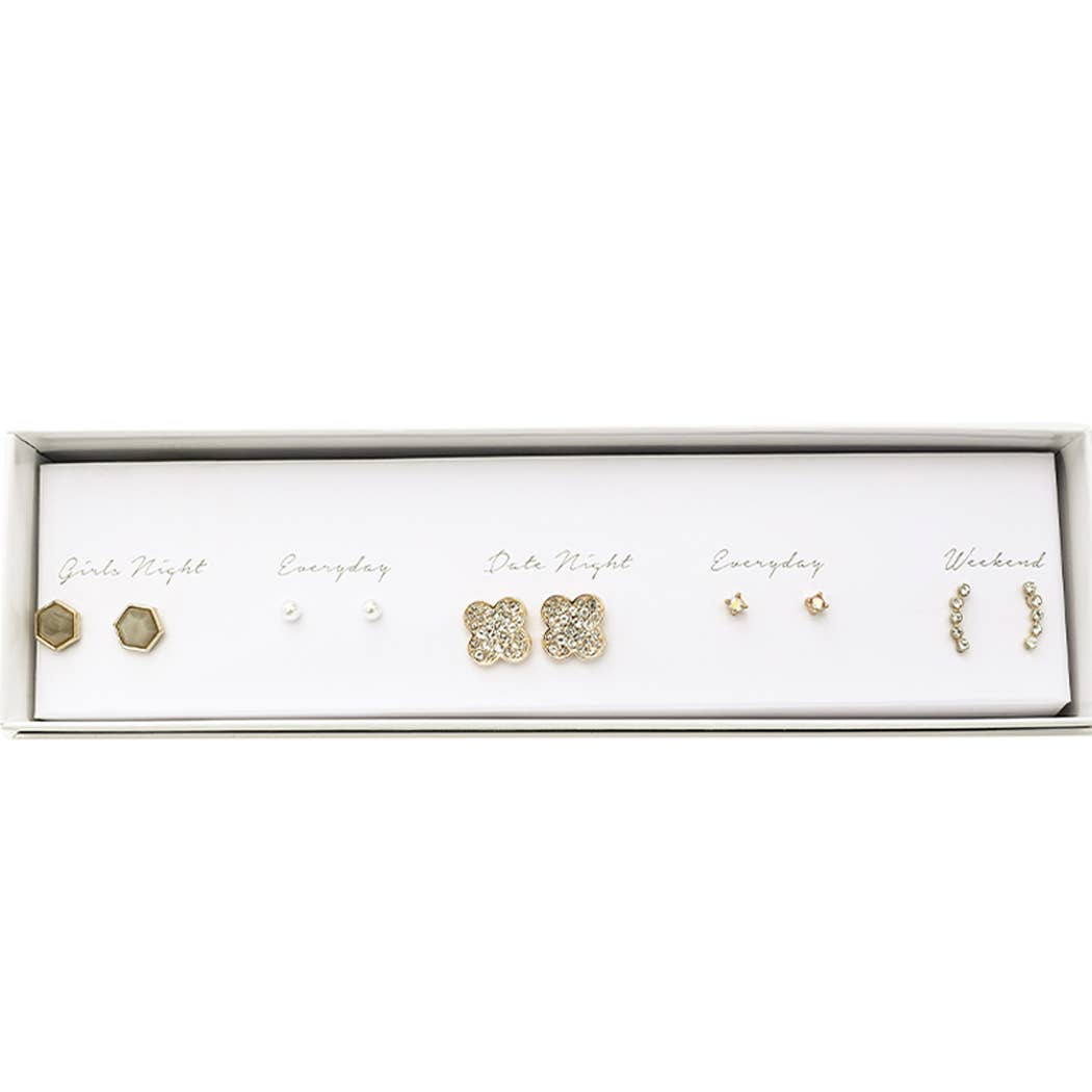 5 Pairs Multi-Designed Stud Earrings Set Gift Box