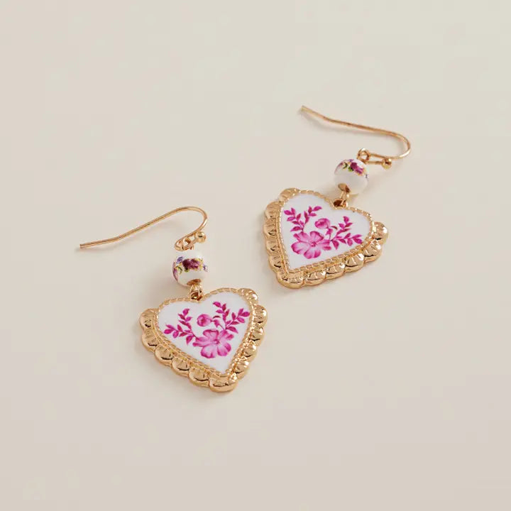 Heart Print Enamel Charm Ceramic Bead Earrings