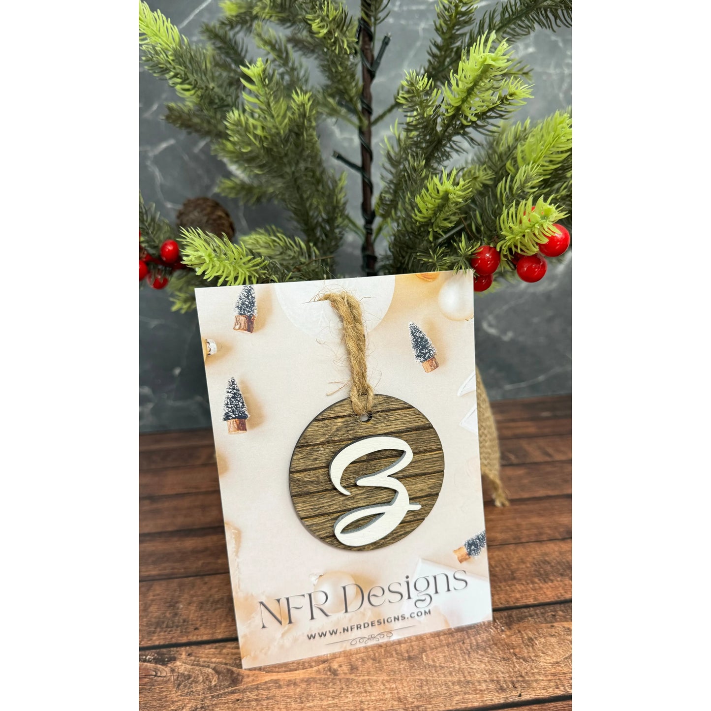 Shiplap Initial Christmas Ornament - Cursive Font Christmas Ornament