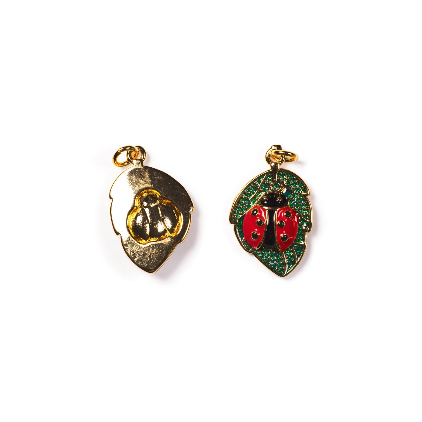 Gold Ladybug on Leaf Charm with Enamel for Jewelry