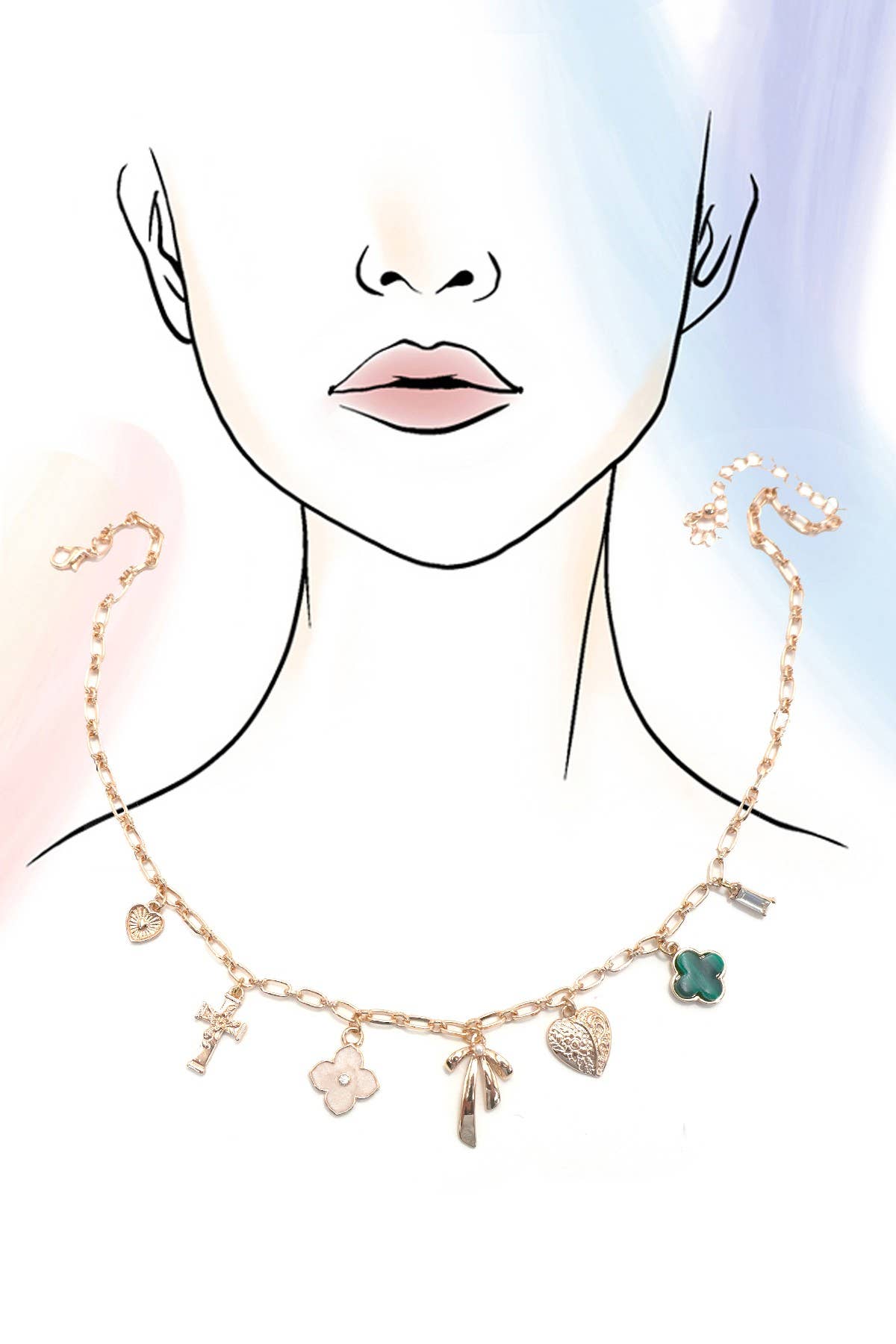 Green Clover Bow Cross Heart Charm Necklace