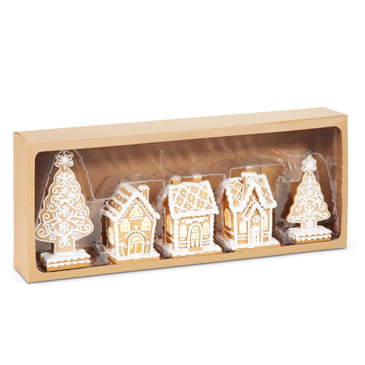 8.25" Box of Lighted Gingerbread Houses and Trees Christmas Shelf Sitter