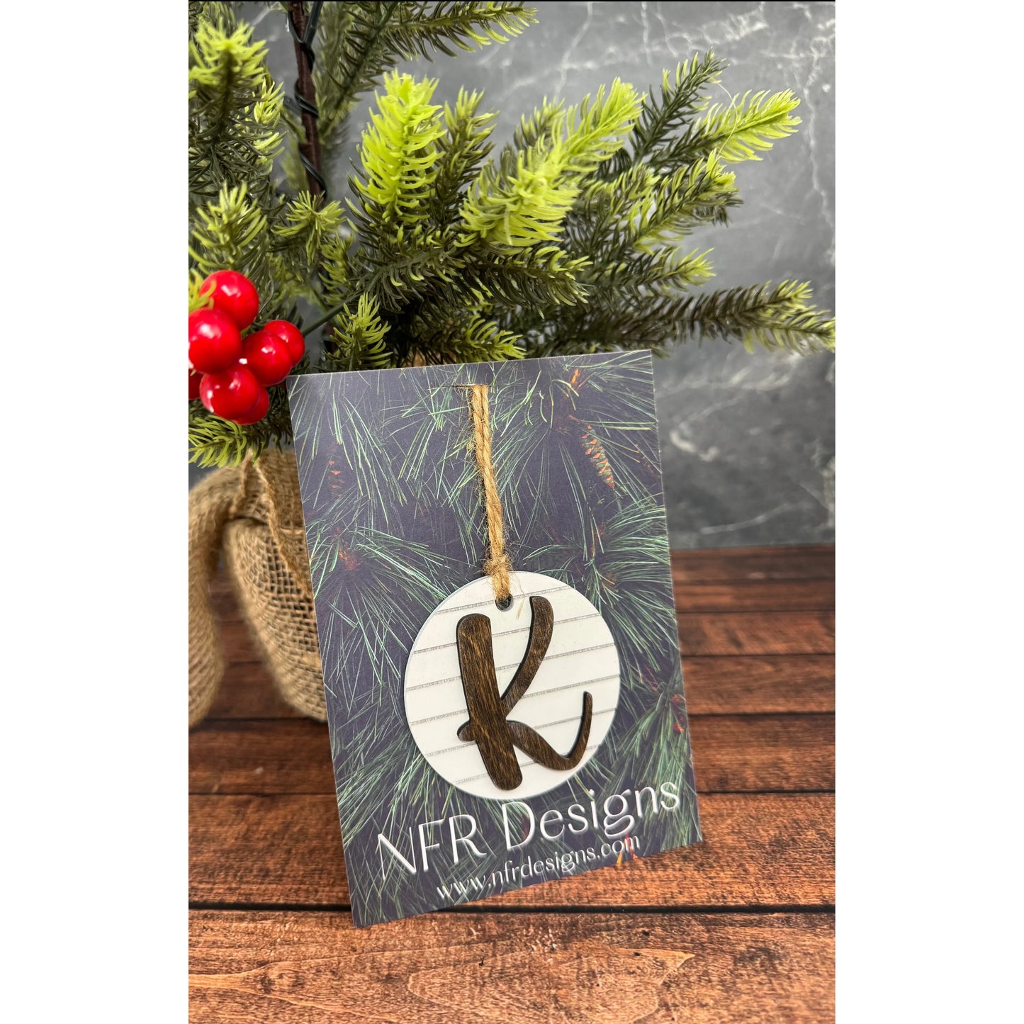 Shiplap Initial Christmas Ornament - Cursive Font Christmas Ornament K - Cursive Dark letter/White backing