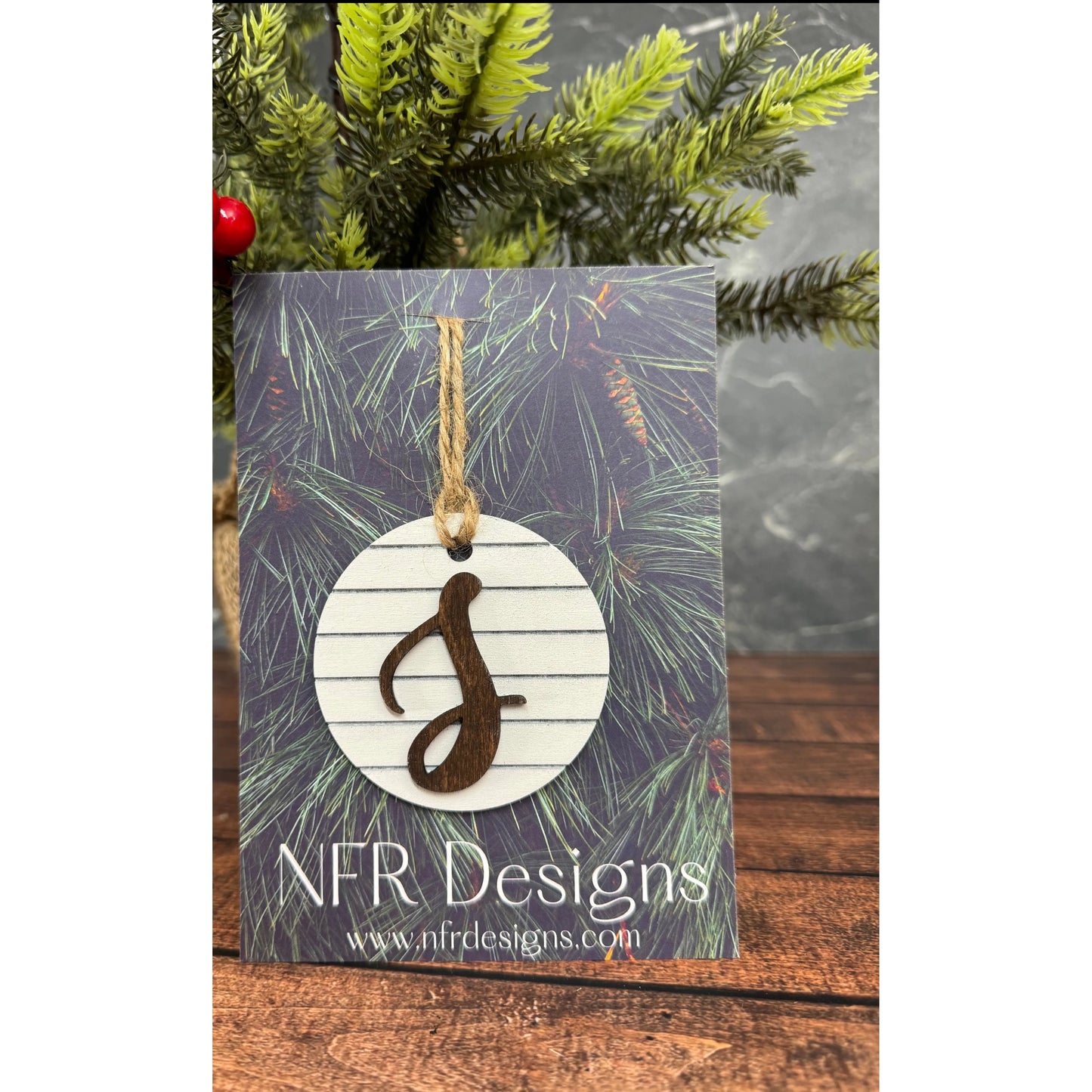 Shiplap Initial Christmas Ornament - Cursive Font Christmas Ornament S - Cursive Dark letter/White backing