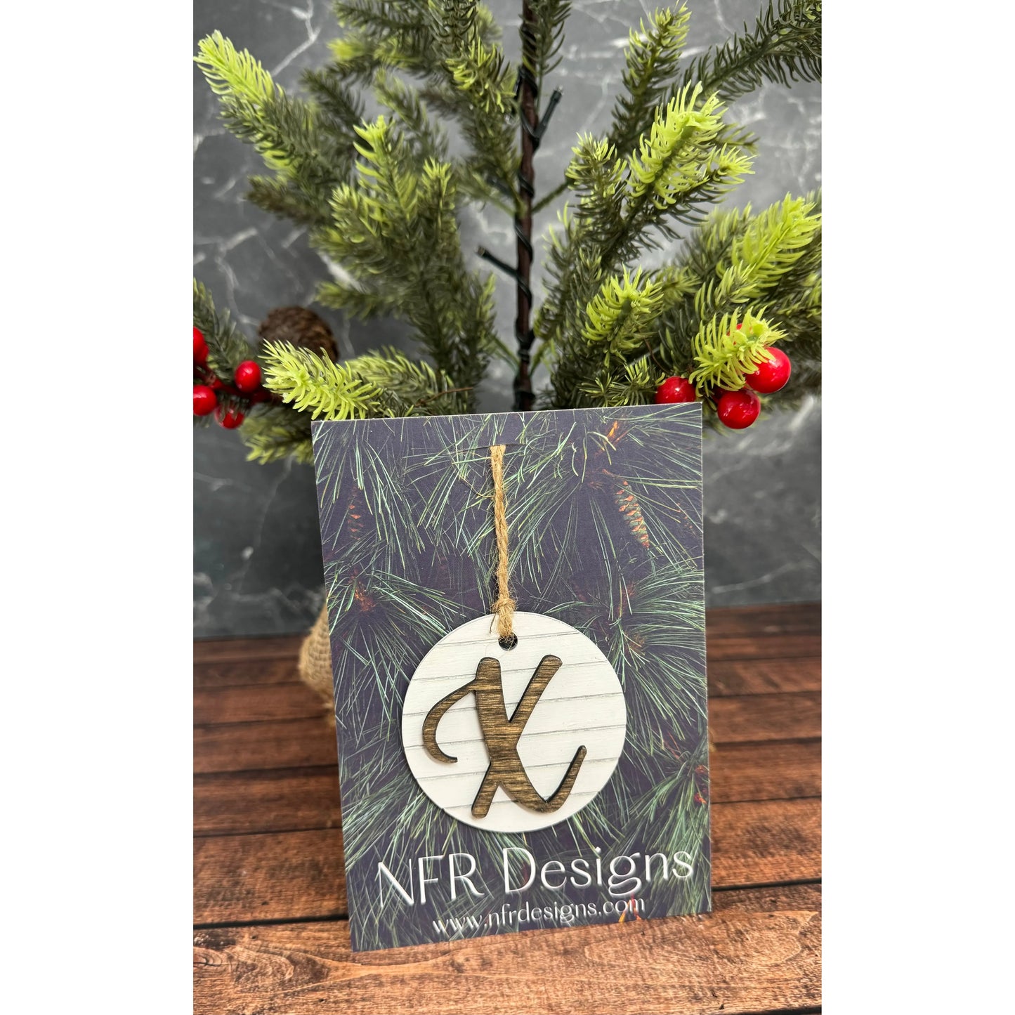 Shiplap Initial Christmas Ornament - Cursive Font Christmas Ornament X - Cursive Dark letter/White backing