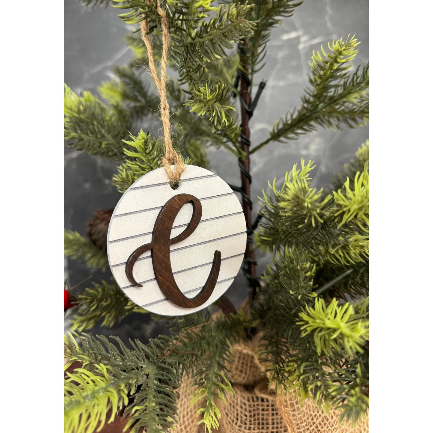 Shiplap Initial Christmas Ornament - Cursive Font Christmas Ornament C - Cursive Dark letter/White backing
