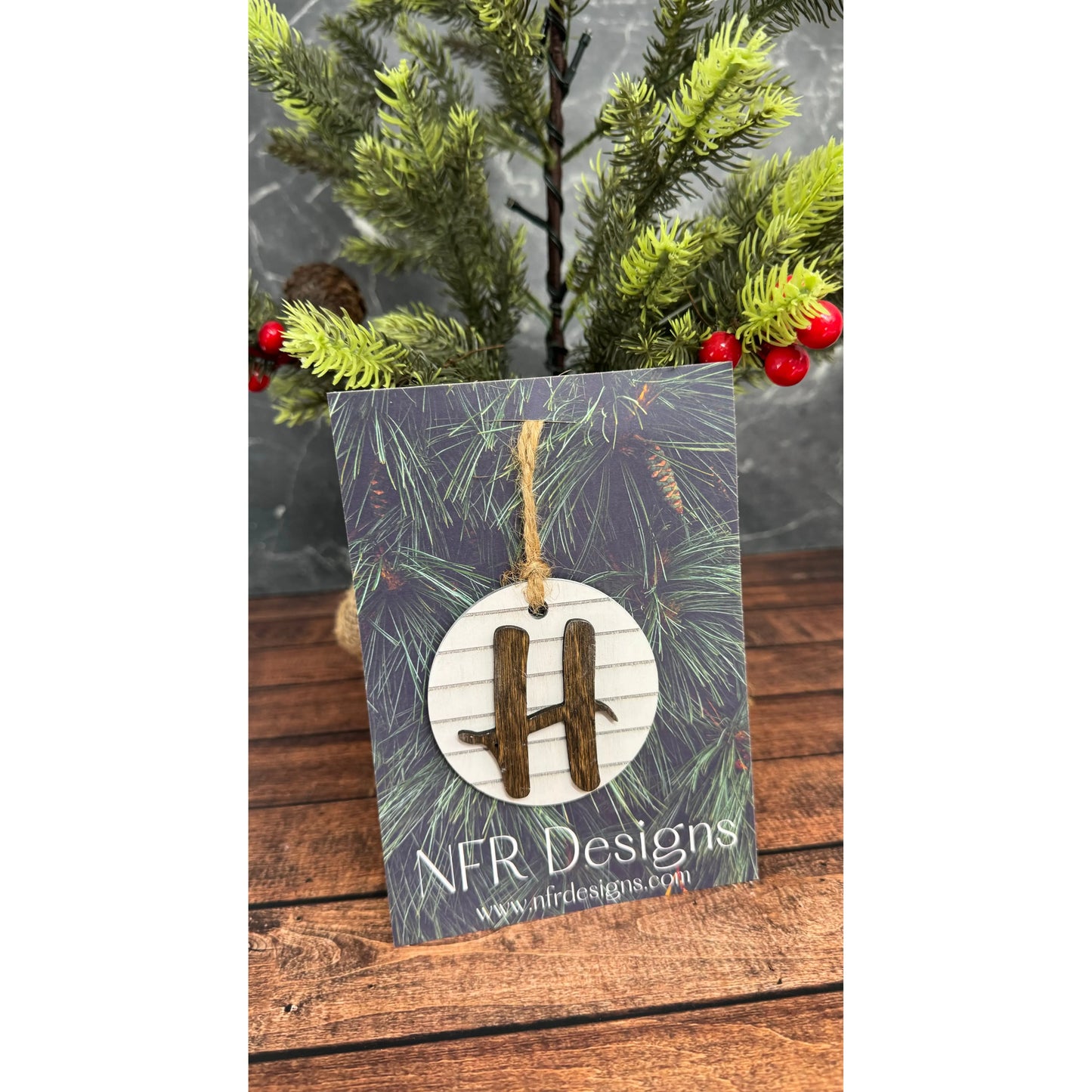 Shiplap Initial Christmas Ornament - Cursive Font Christmas Ornament H - Cursive Dark letter/White backing