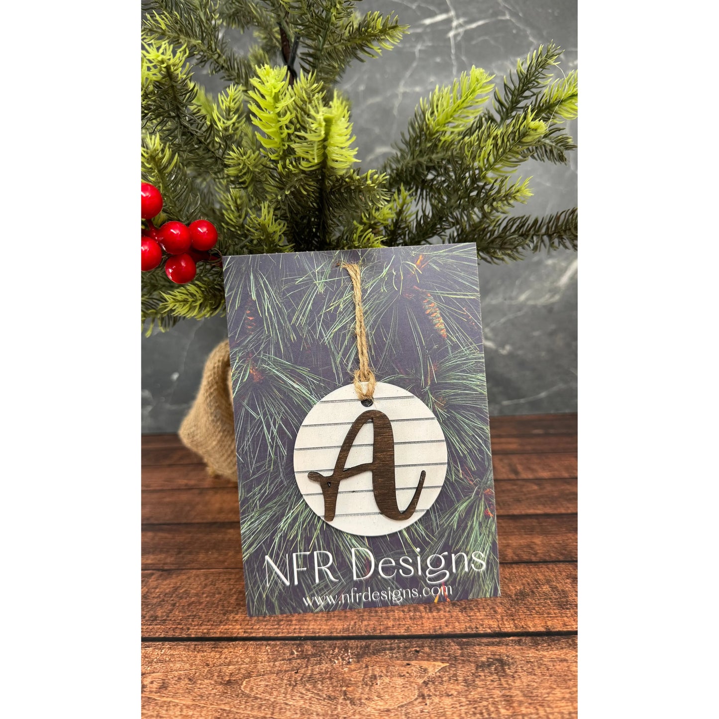 Shiplap Initial Christmas Ornament - Cursive Font Christmas Ornament A - Cursive Dark letter/White backing