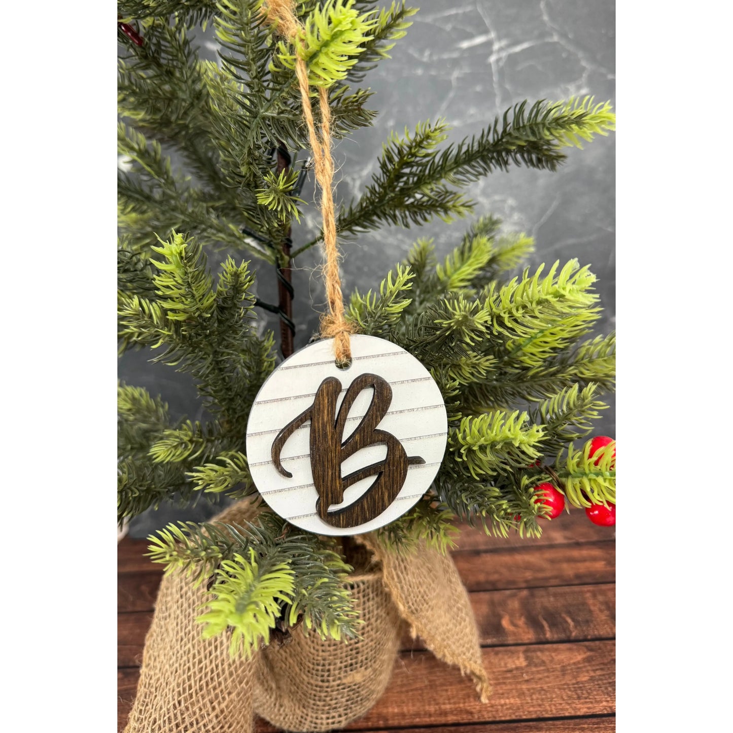 Shiplap Initial Christmas Ornament - Cursive Font Christmas Ornament B - Cursive Dark letter/White backing