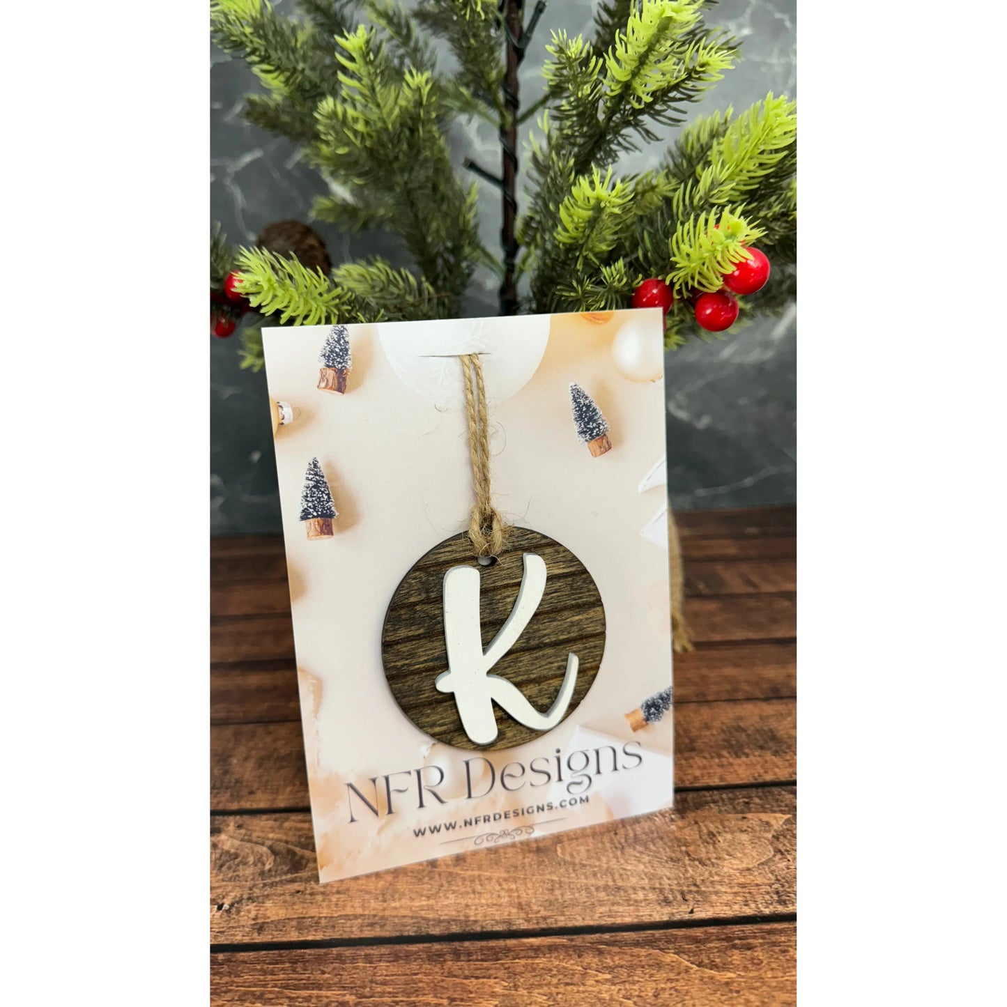 Shiplap Initial Christmas Ornament - Cursive Font Christmas Ornament K - Cursive White letter/Dark backing