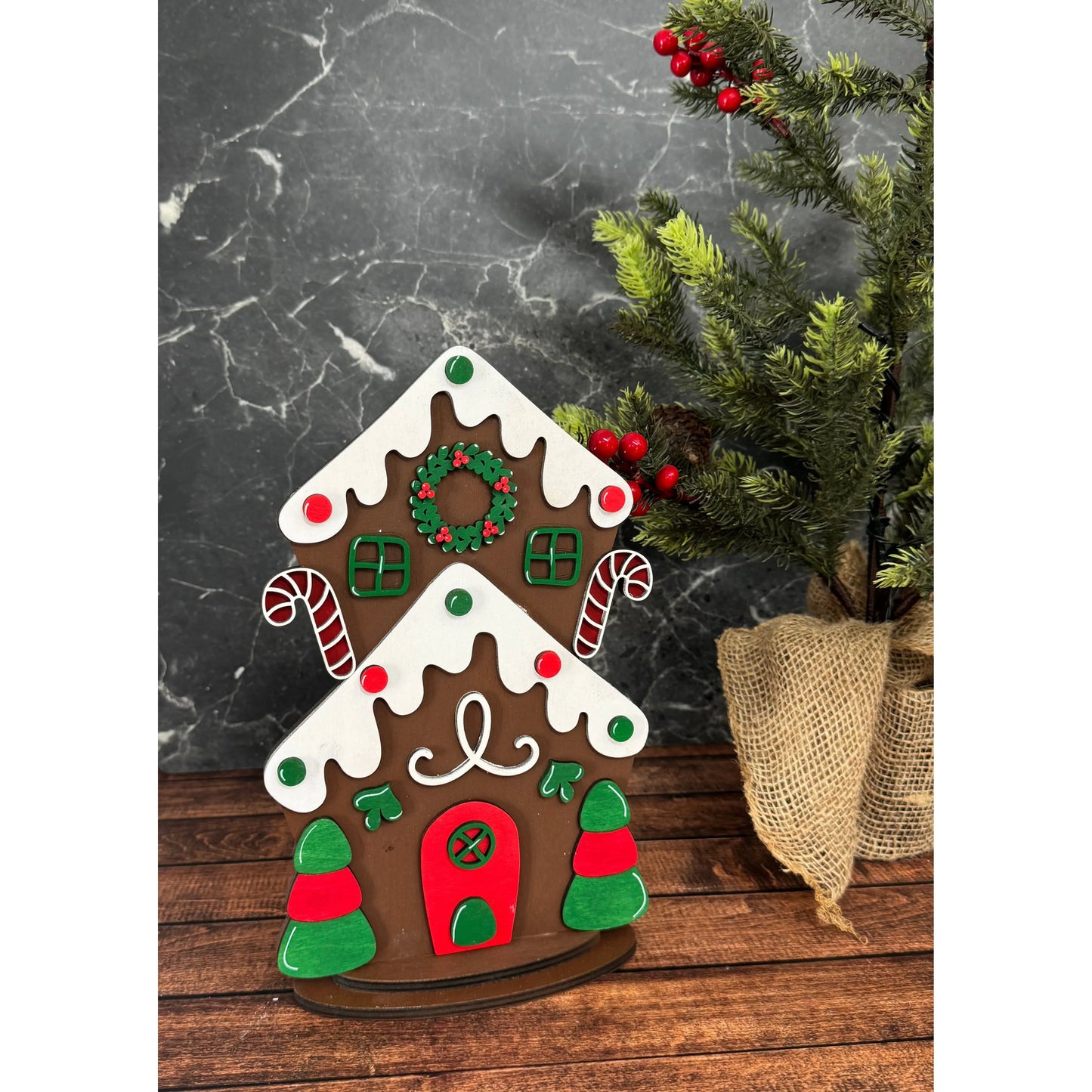 Stacked Gingerbread House Stand Christmas Shelf Sitter Mini