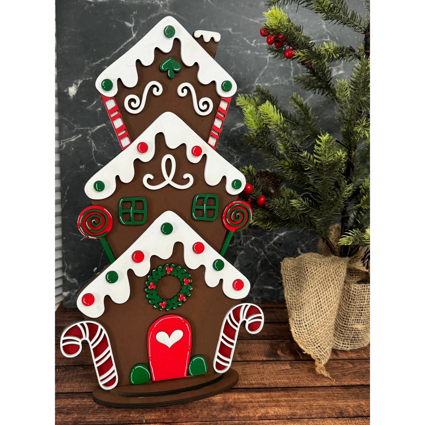 Stacked Gingerbread House Stand Christmas Shelf Sitter Big