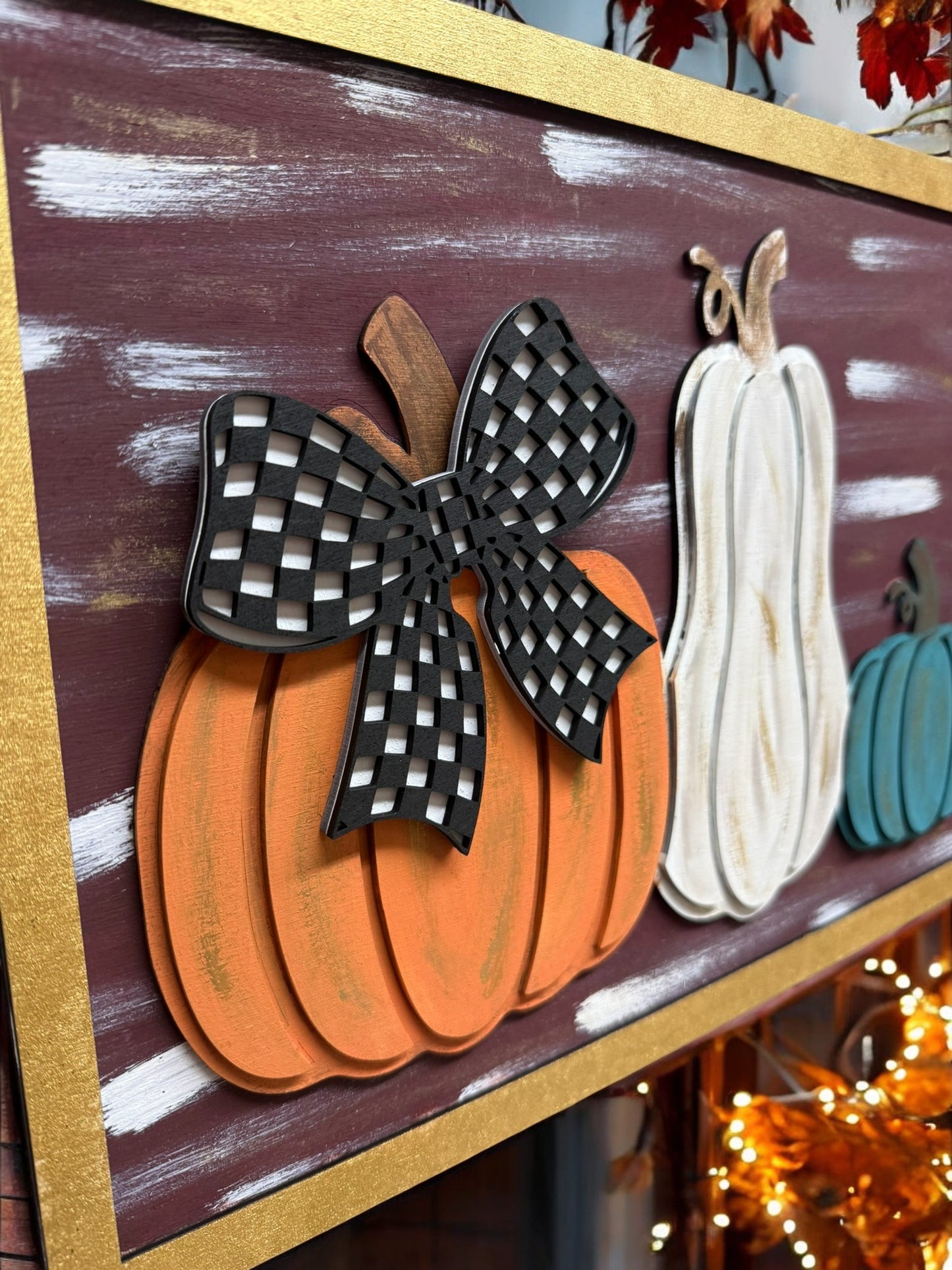 Fall Wall Hanger with White, Orange & Teal Pumpkins Fall Wall Decor