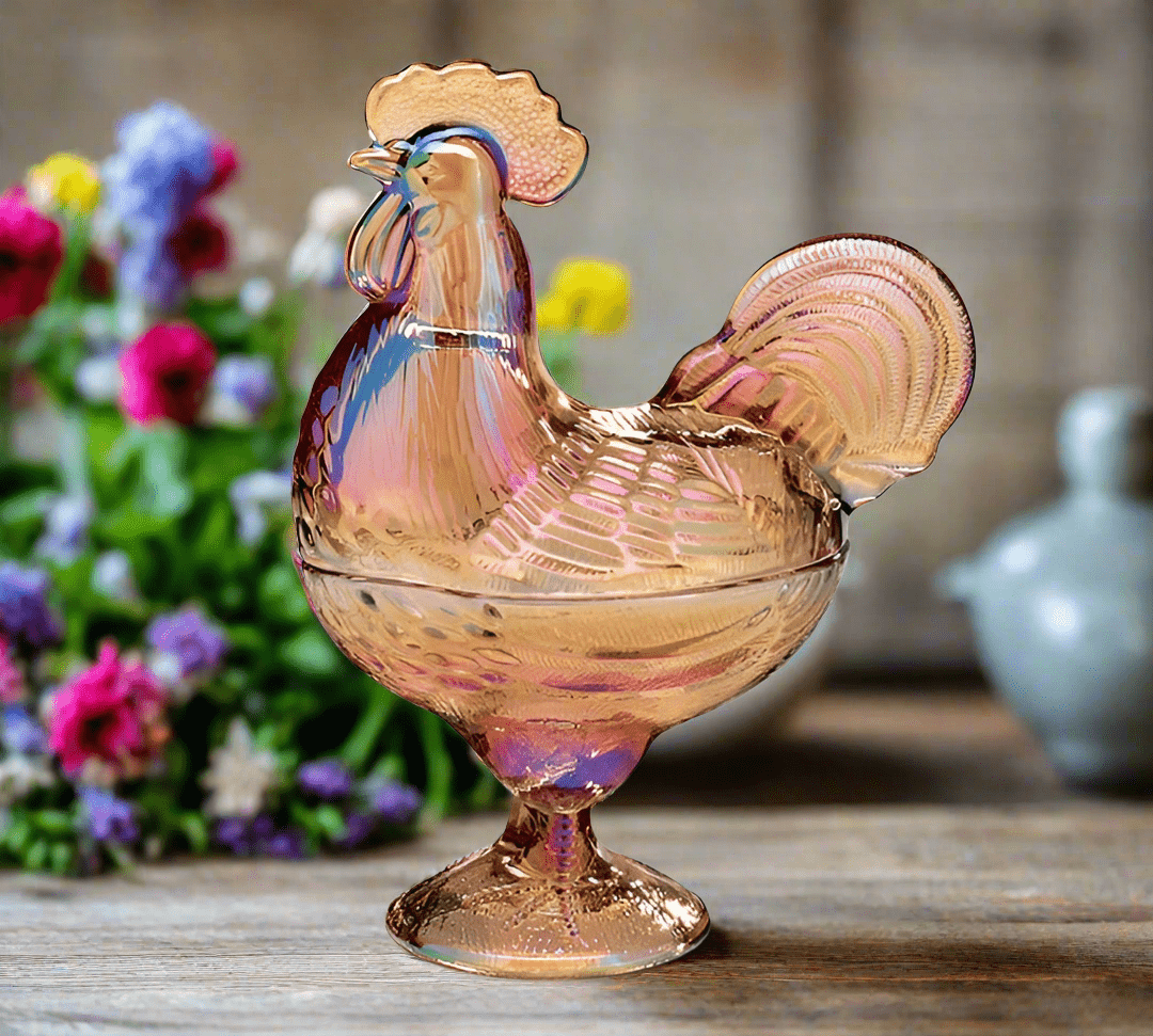 Amber Glass Rooster Dish on Pedestal | Vintage Home Decor, Kitchen Centerpiece & Collectible Art