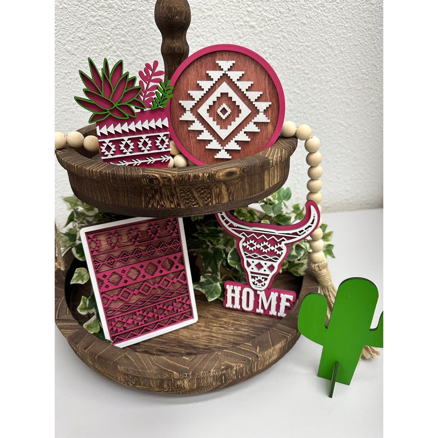 Aztec Tierd Tray Décor Tiered Tray Pink/White