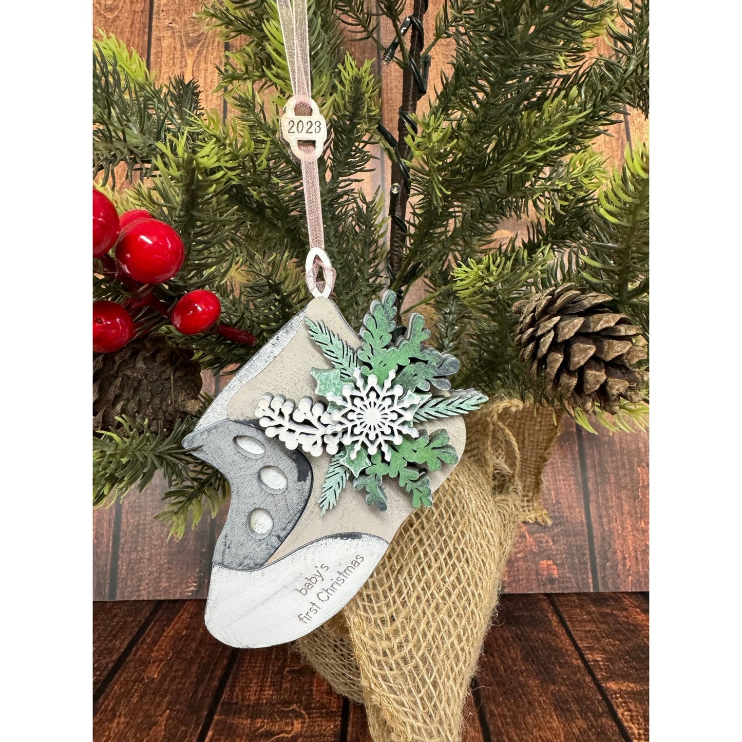 Baby’s First Christmas Ornament – Personalized Wooden Baby Bootie Keepsake with Snowflake Decoration Christmas Ornament Girl