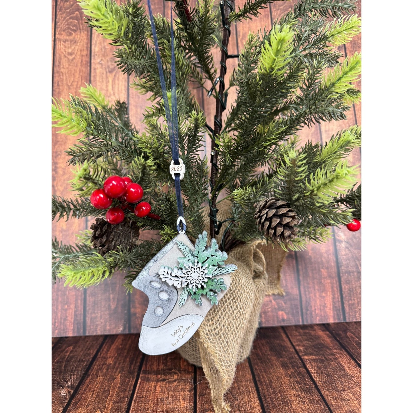 Baby’s First Christmas Ornament – Personalized Wooden Baby Bootie Keepsake with Snowflake Decoration Christmas Ornament