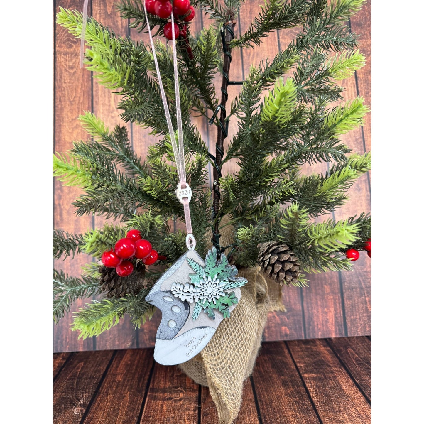 Baby’s First Christmas Ornament – Personalized Wooden Baby Bootie Keepsake with Snowflake Decoration Christmas Ornament