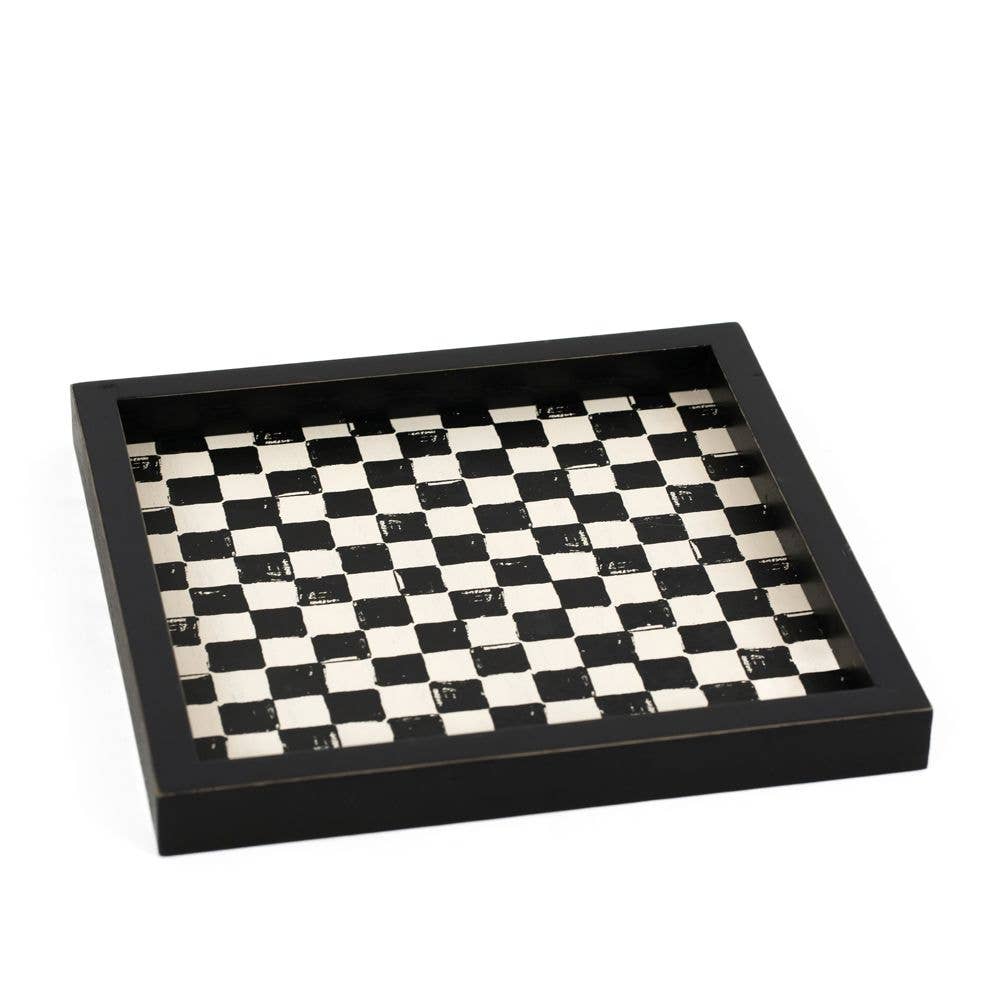 Black and White Checkered Wooden Tray, Stylish Kitchen Accessory for Serving & Display, Fabulous Gift Idea for Home Lovers