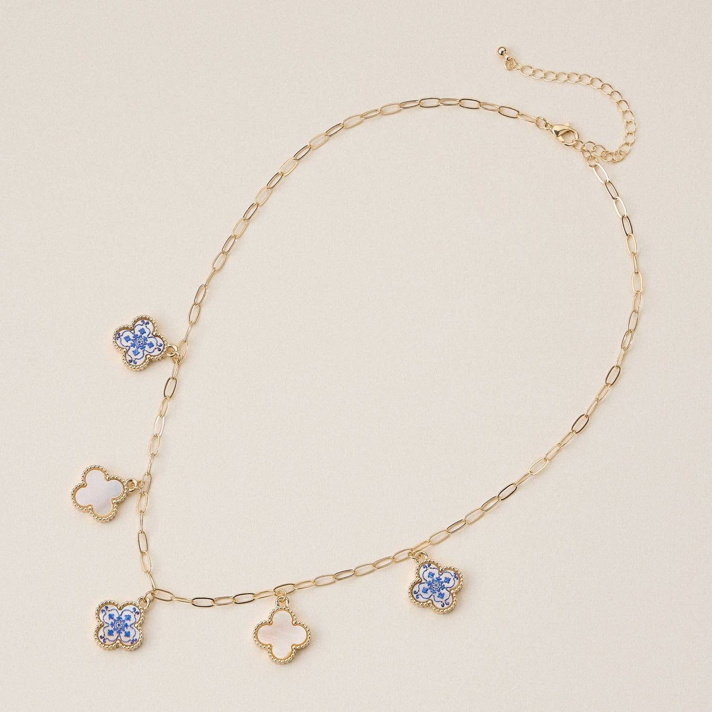 Blue Floral Pearl Quatrefoil Charm Necklace, Elegant Handmade Jewelry for Everyday Wear, Perfect Gift for Her - Nifty Decor & More