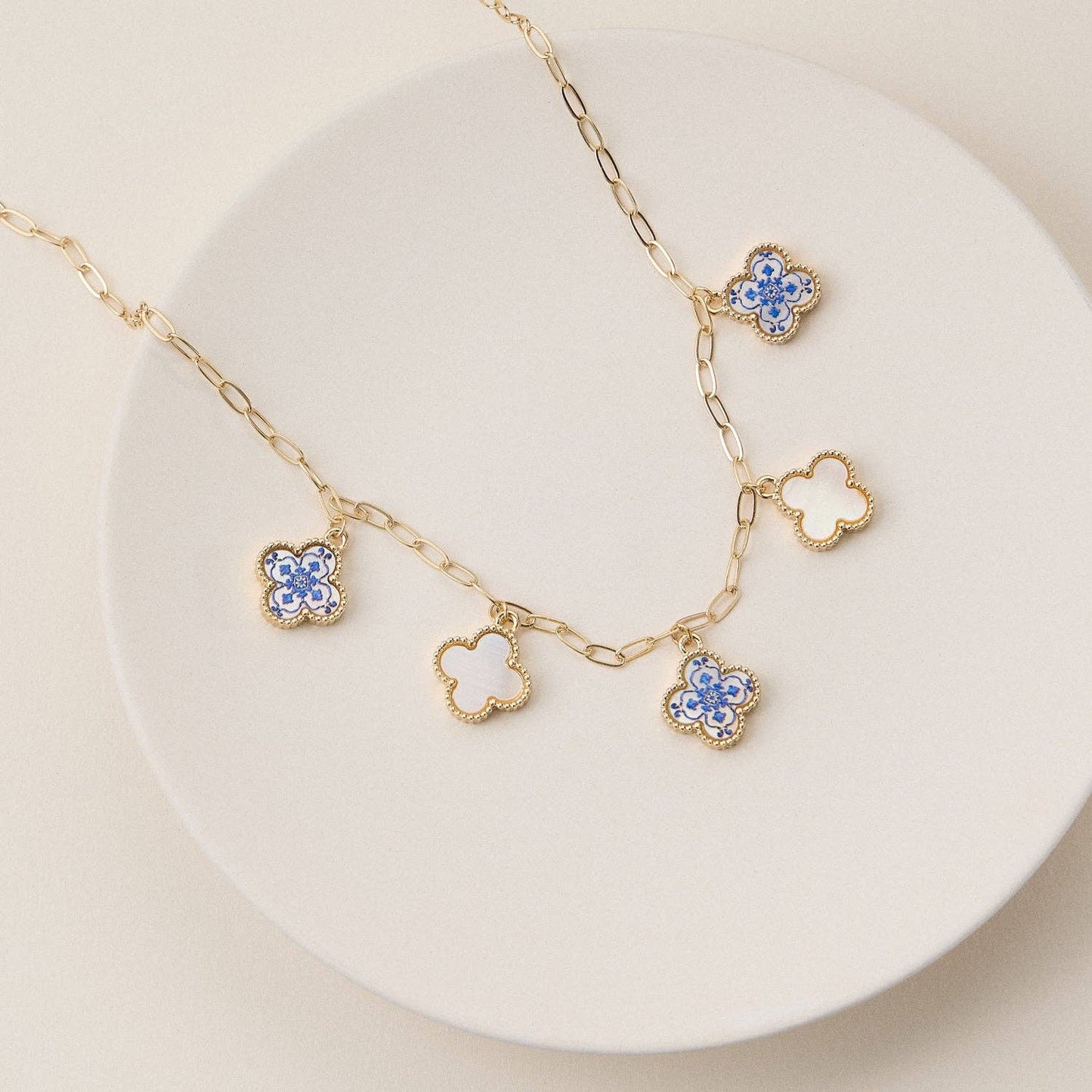 Blue Floral Pearl Quatrefoil Charm Necklace, Elegant Handmade Jewelry for Everyday Wear, Perfect Gift for Her - Nifty Decor & More