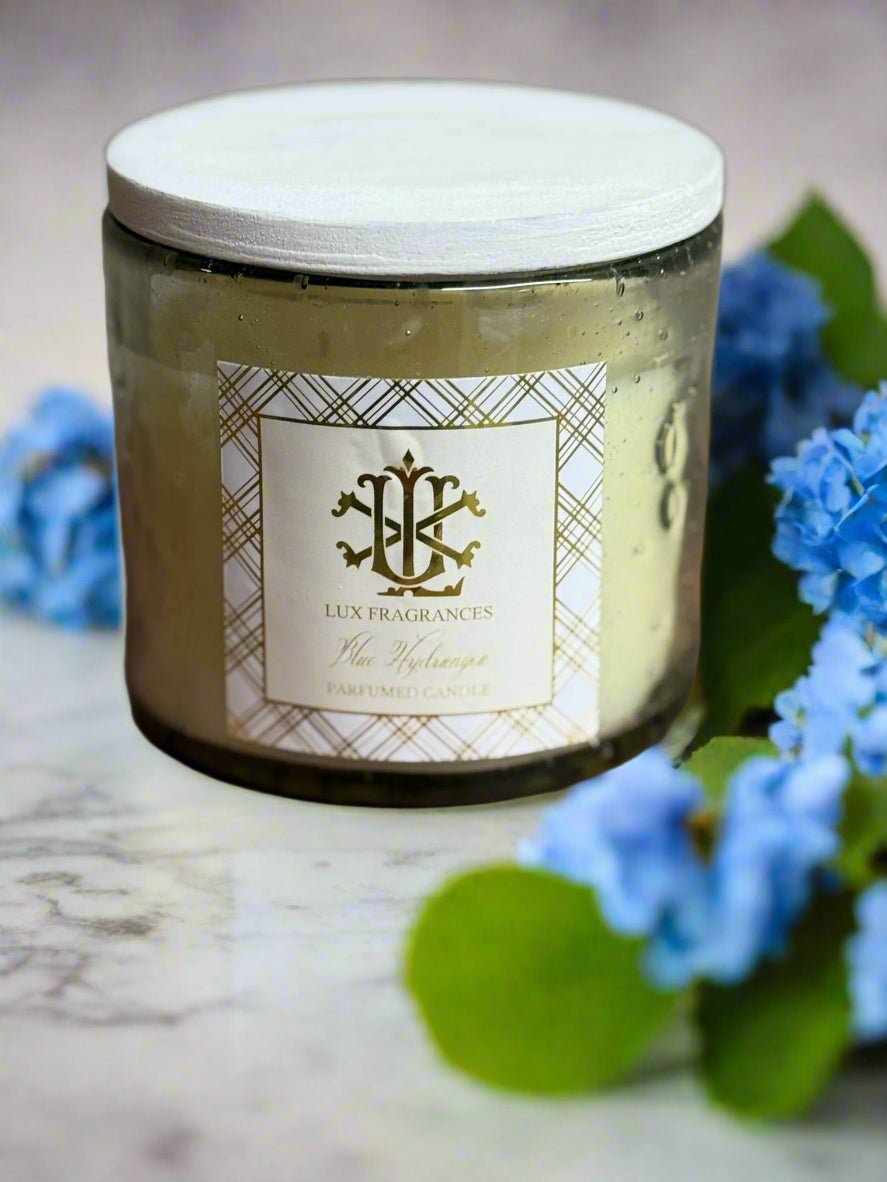 Blue Hydrangea Clear Glass with White Lid - 12 oz. - LUX - Nifty Decor & More