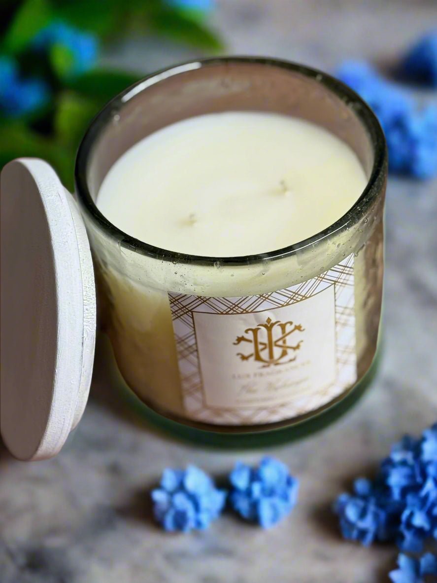 Blue Hydrangea Clear Glass with White Lid - 12 oz. - LUX - Nifty Decor & More