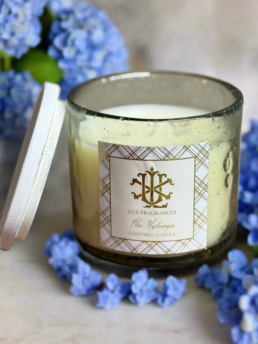 Blue Hydrangea Clear Glass with White Lid - 12 oz. - LUX - Nifty Decor & More