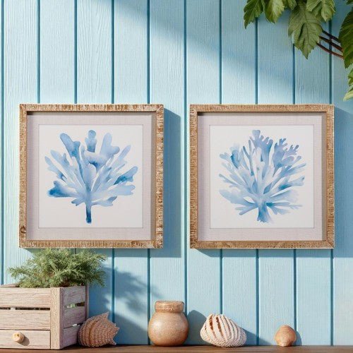 Blue Watercolor Coral Framed Wall Art, 16" Coastal Home Decor, Perfect Beach House Accent, Nautical Gift for Ocean Lovers Ocean Wall Art