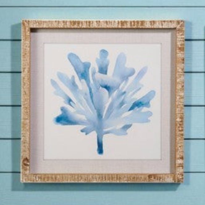 Blue Watercolor Coral Framed Wall Art, 16" Coastal Home Decor, Perfect Beach House Accent, Nautical Gift for Ocean Lovers Ocean Wall Art With Skinny Stem