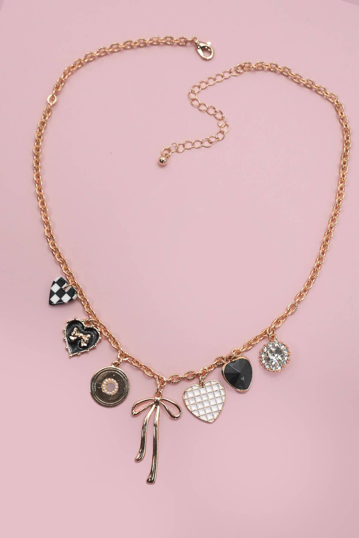 Bow Checker Heart Charm Necklace, Rhinestone Embellished Chic Jewelry, Ideal for Glam Looks & Special Occasion Gifts - Nifty Decor & More