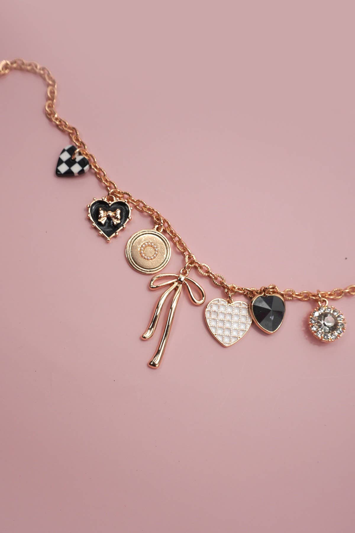Bow Checker Heart Charm Necklace, Rhinestone Embellished Chic Jewelry, Ideal for Glam Looks & Special Occasion Gifts - Nifty Decor & More