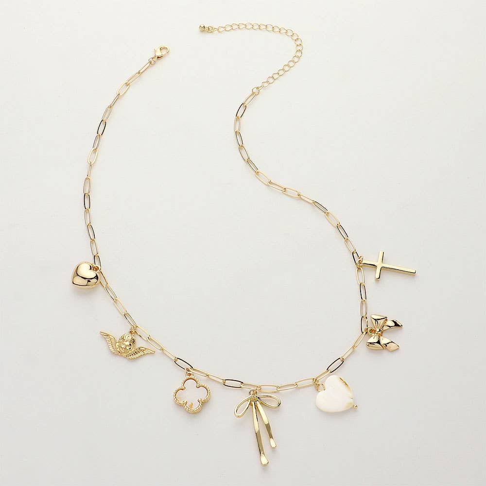 Bow Heart Cross Quatrefoil Angel Charm Necklace, Delicate Symbolic Jewelry for Faith and Style, Ideal Gift for Her Birthday or Christmas - Nifty Decor & More