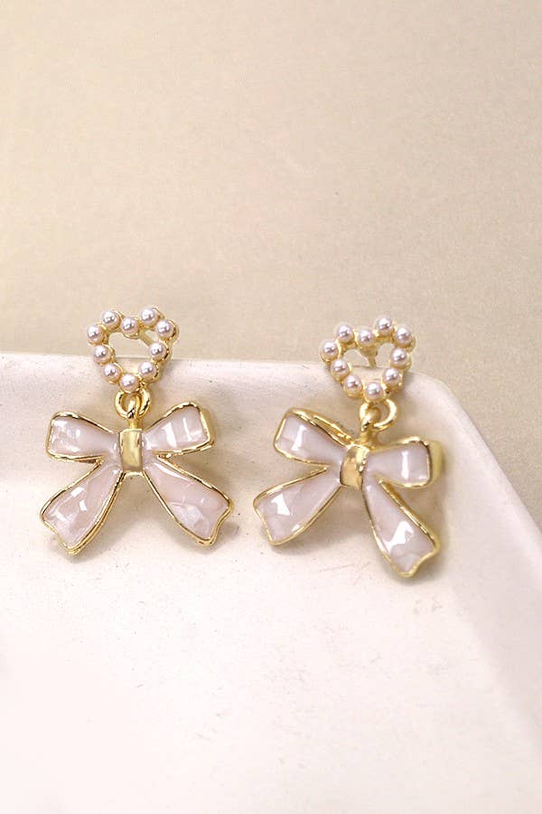 Bow Heart Pearl Drop Earrings, Delicate Statement Accessory for Weddings & Parties, Perfect Gift Jewelry
