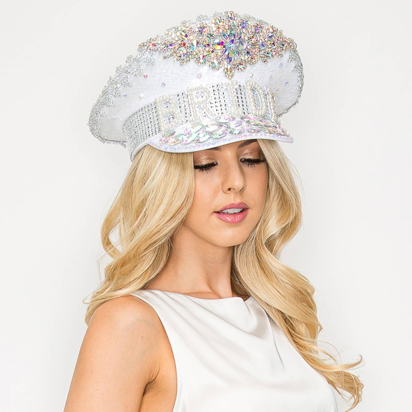Bride Fashion Jeweled Captain Hat, Glamorous Bling Bridal Cap for Weddings and Bachelorette Gifts Hats