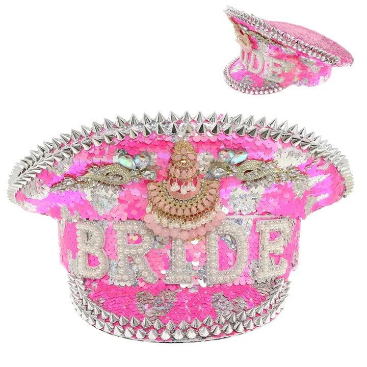Bride Fashion Jeweled Captain Hat, Glamorous Bling Bridal Cap for Weddings and Bachelorette Gifts Hats Pink Bling