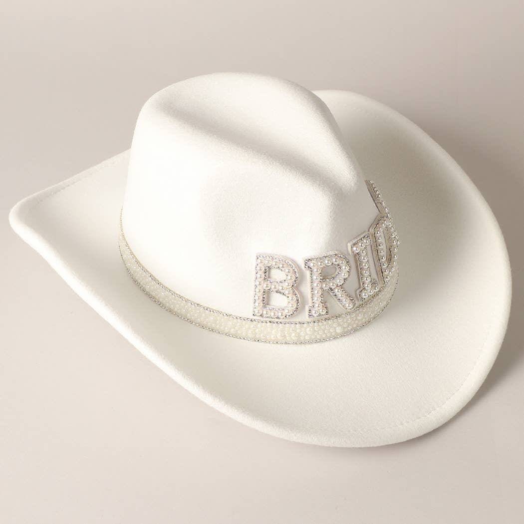 Bride Pearl Embellished Vegan Felt Cowboy Hat, Stylish Western Wedding Hat, Perfect Bride Gift Idea Hats