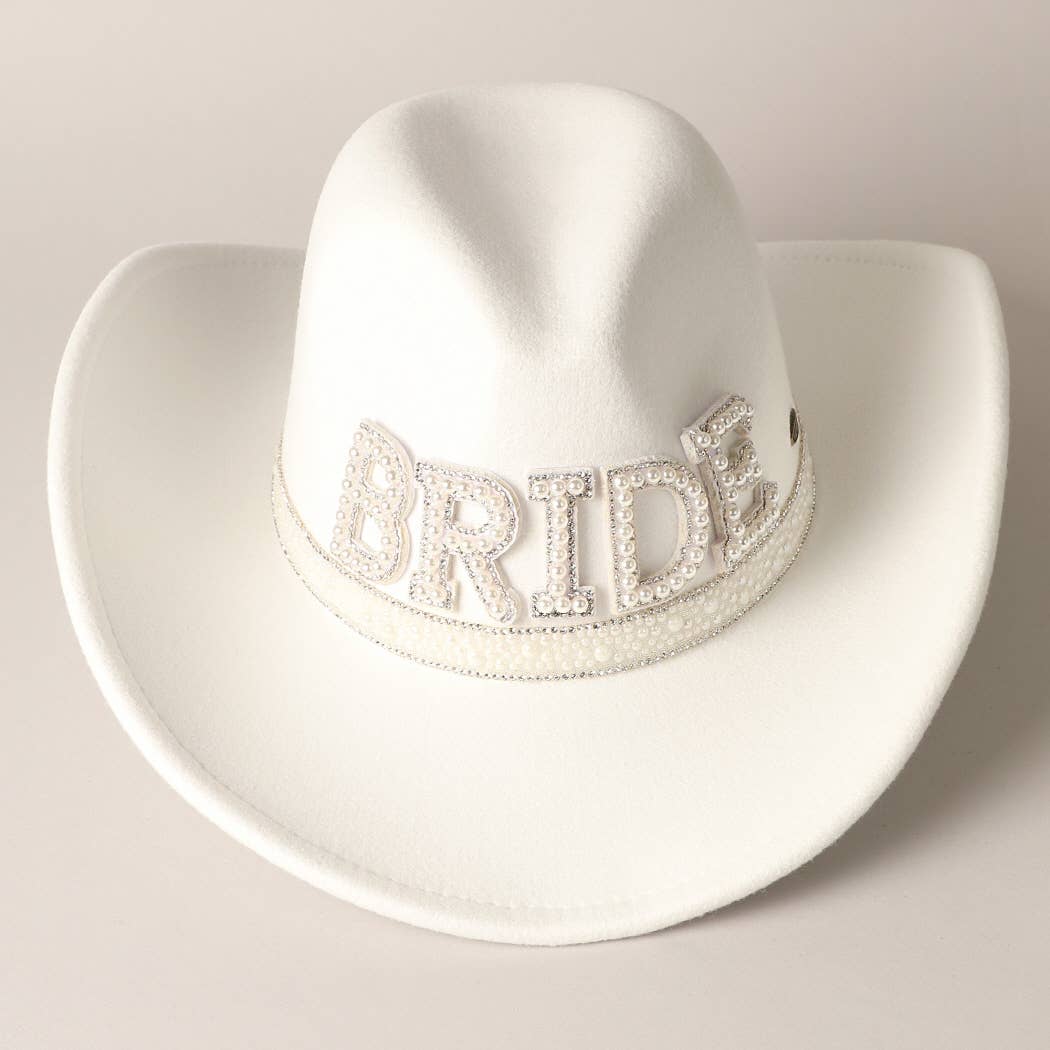 Bride Pearl Embellished Vegan Felt Cowboy Hat, Stylish Western Wedding Hat, Perfect Bride Gift Idea Hats