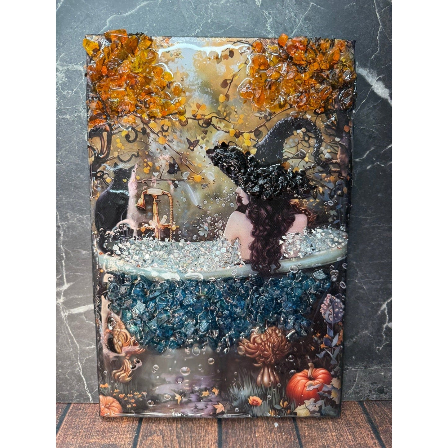 Bubble Bath Witch Decor, Spooky Resin Frame with Crushed Glass, Witchy Bathroom Art, Unique Gift for Witch Lovers