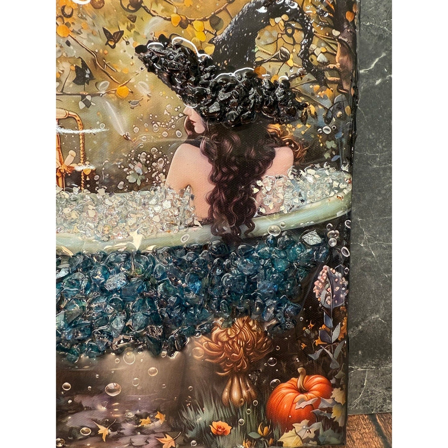 Bubble Bath Witch Decor, Spooky Resin Frame with Crushed Glass, Witchy Bathroom Art, Unique Gift for Witch Lovers
