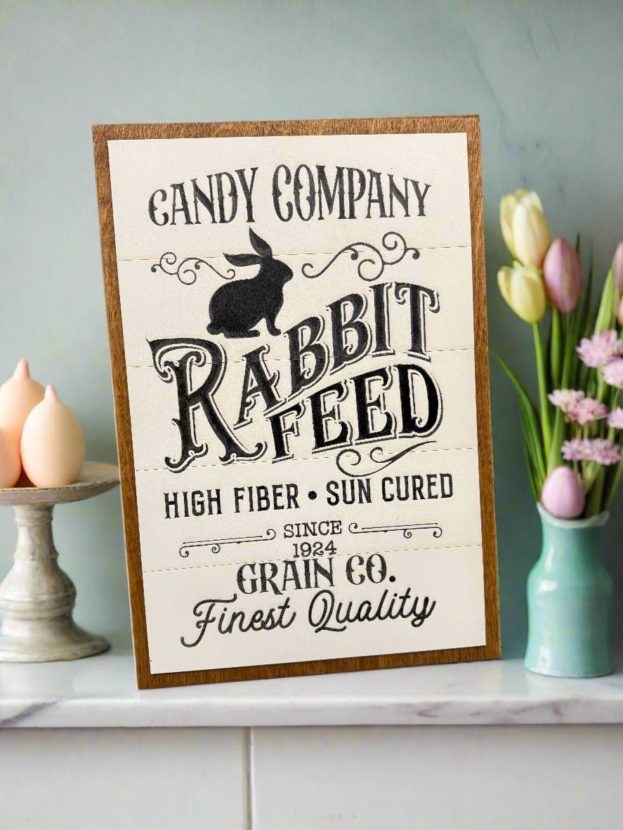 Candy Co. Rabbit Feed Sign | Rustic Farmhouse Decor | Vintage Bunny Decor for Home & Garden