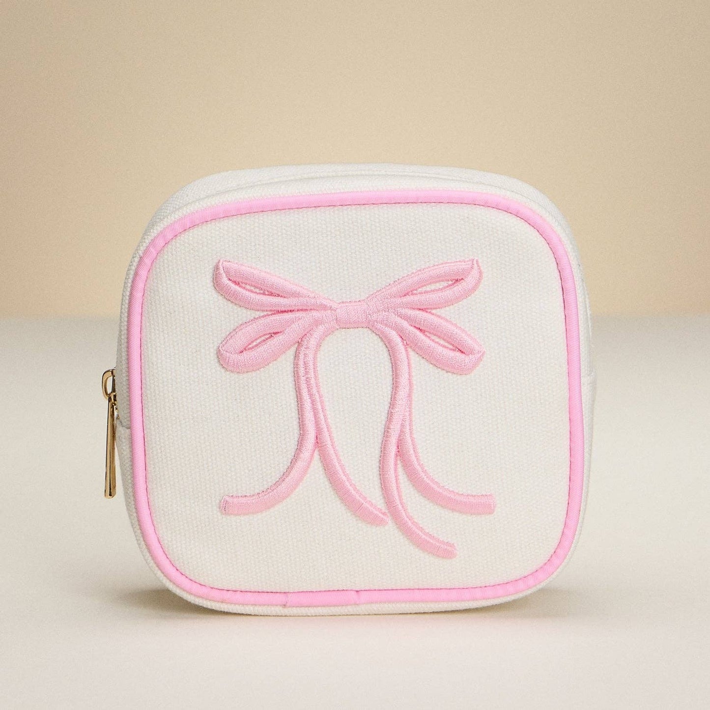 Stylish Canvas Bow Pouch with Pink Trim – Perfect for Coins & Small Essentials – Gift for Teens & Ladies Cosmetic Bag